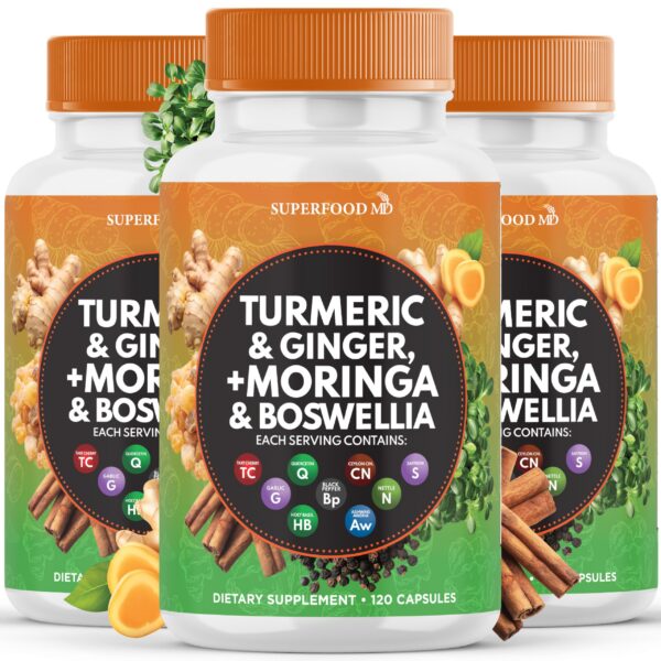 Version 1.0.0 Suplemento Turmeric Moringa 360 cápsulas Superfood MD para articulaciones