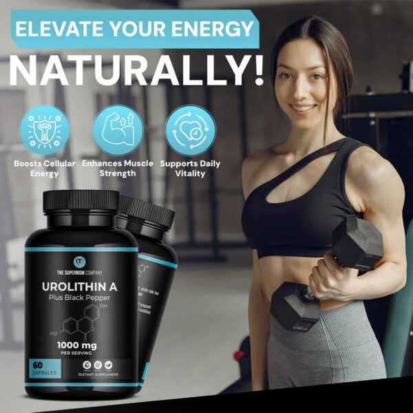 Etiqueta frontal del suplemento Urolitina A con cápsulas vegetales