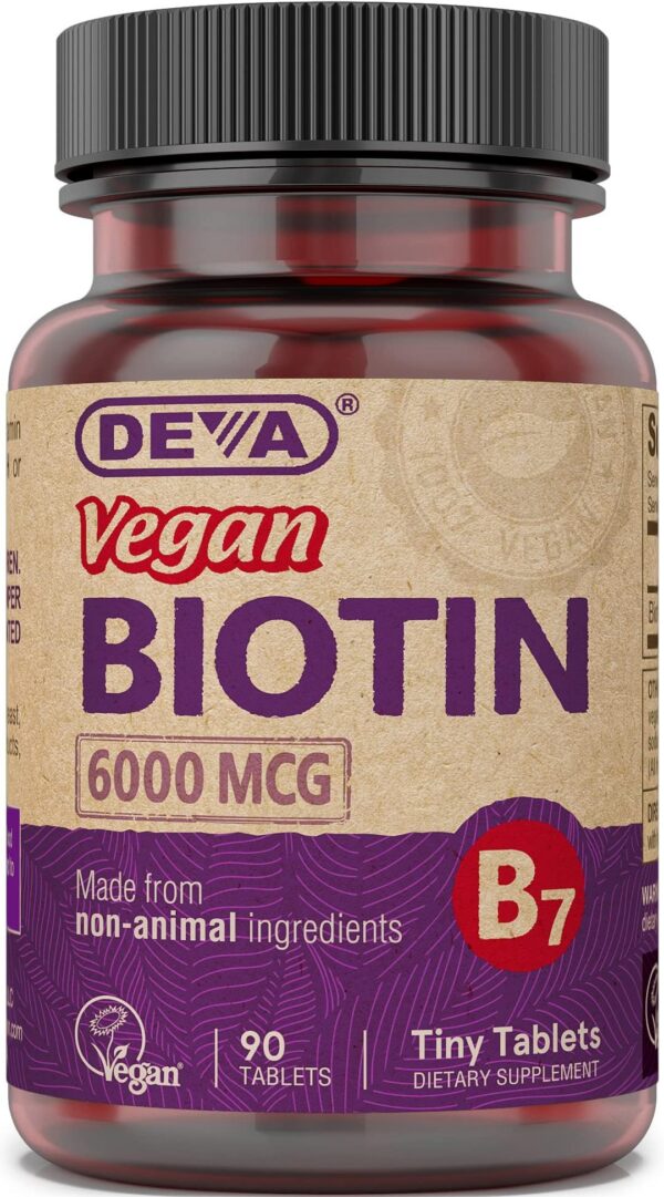 Suplemento vegano de biotina DEVA 6000 mcg envase frontal