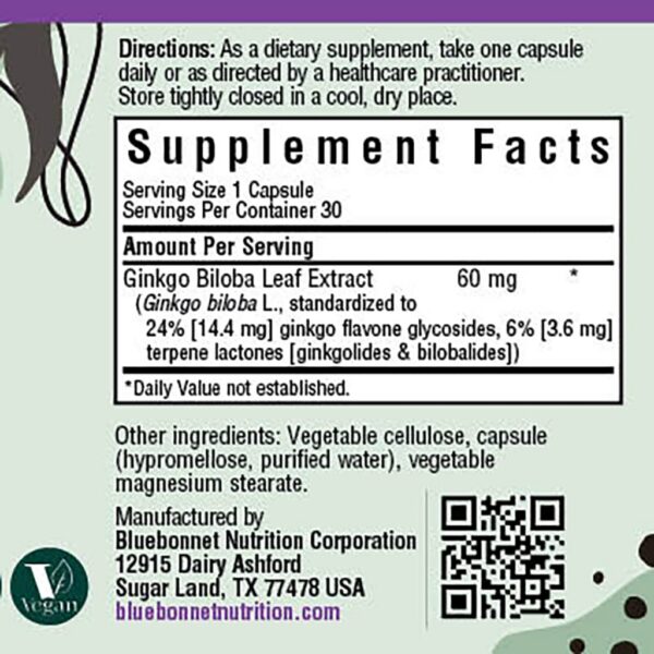 Suplemento vegano BlueBonnet sin gluten extracto Ginkgo