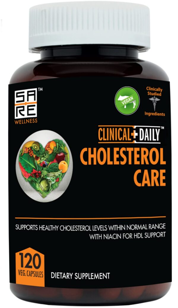 Version 1.0.0 Suplemento vegano Clinical Daily para colesterol en botella con cápsulas