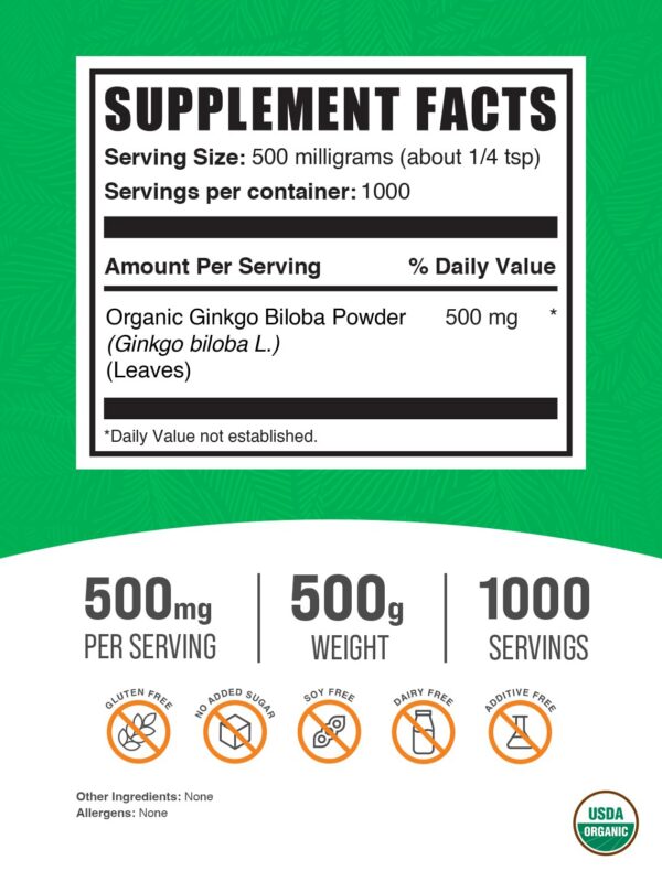 Suplemento vegano de Ginkgo Biloba en polvo 500g