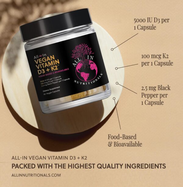 Suplemento vegano All In Nutritionals vitamina D3 y K2 60 cápsulas