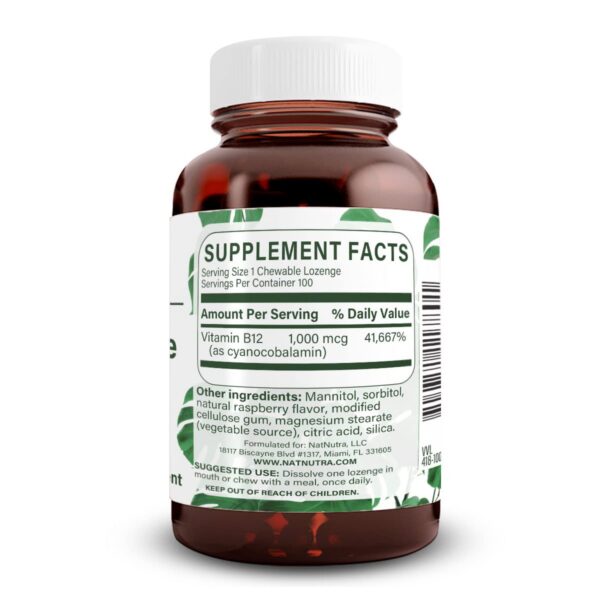 Suplemento vitamina B12 Natural Nutra en botella de vidrio reciclable sin BPA