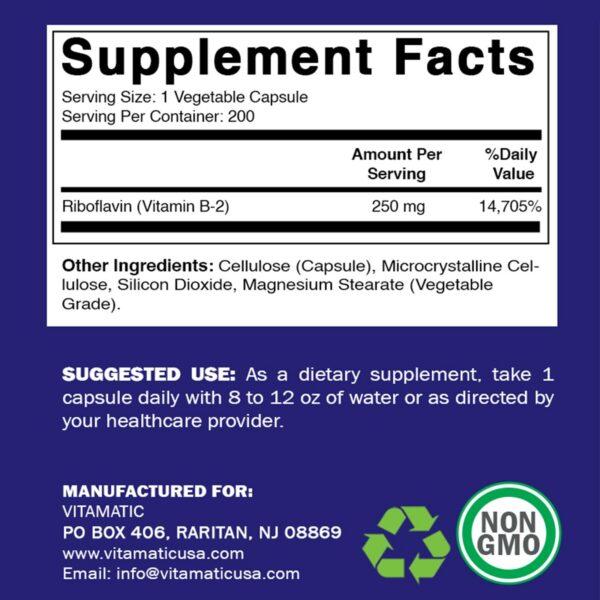 suplemento Vitamina B2 riboflavina 200 cápsulas Vitamatic