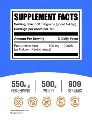Detalle del empaque del suplemento vitamina B5 BulkSupplements