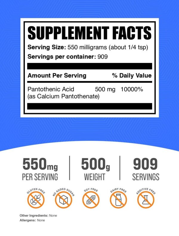 Detalle del empaque del suplemento vitamina B5 BulkSupplements