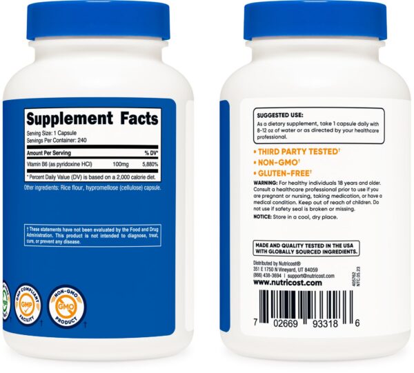 Suplemento vitamina b6 100mg Nutricost envase doble