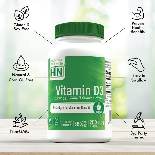 Suplemento vitamina d3 10,000 ui Health Thru Nutrition 360 cápsulas