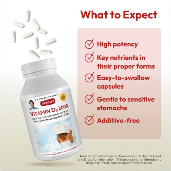 Suplemento de vitamina D3 2000 UI Andrew Lessman para salud ósea