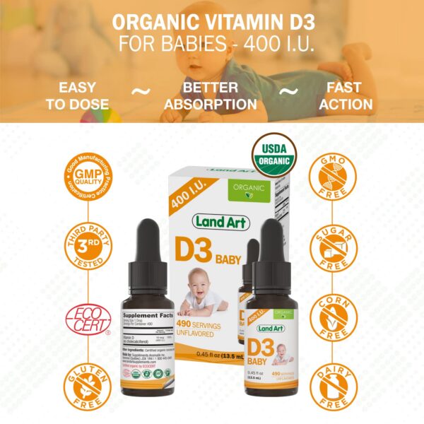 Version 1.0.0 Suplemento vitamina d3 para bebés Land Art certificado orgánico