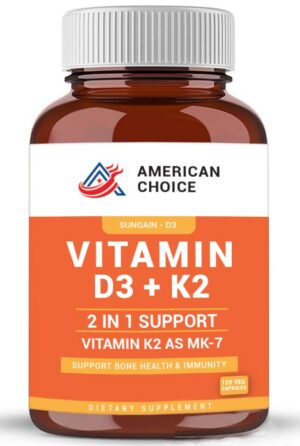 Botella suplemento vitaminas D3 y K2 American Choice 120 cápsulas