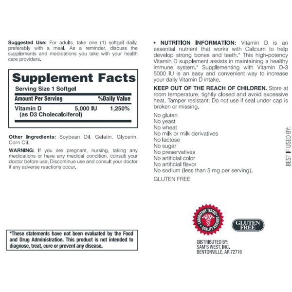 Suplemento vitamina d3 members mark envase lateral