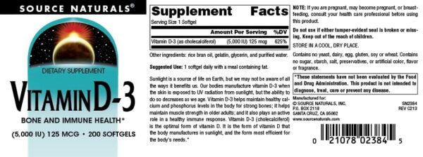 Suplemento Vitamina D-3 Source Naturals para huesos y músculos