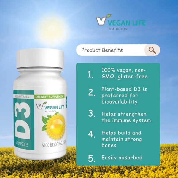 Suplemento vitamina d3 vegana 5000 UI apoyo huesos y sistema inmune