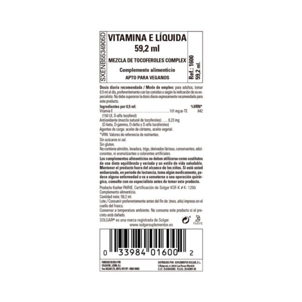 Suplemento de vitamina E líquida de 2 onzas de Solgar para salud
