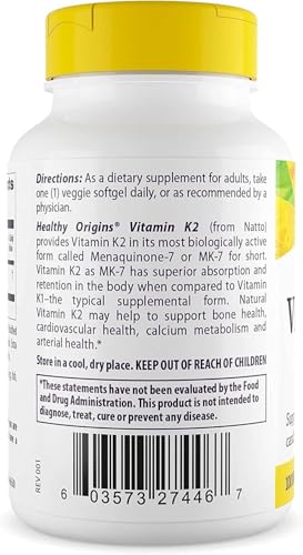 Suplemento de vitamina K2 MK-7 Healthy Origins para huesos fuertes