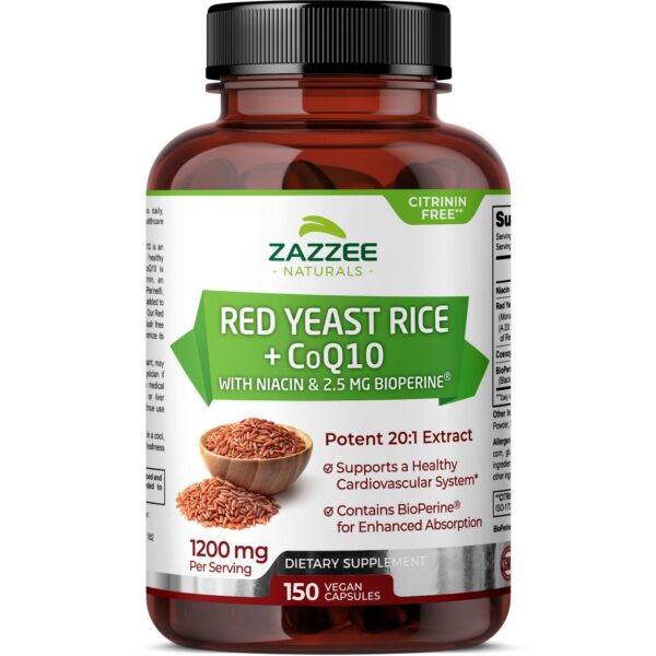 Suplemento Zazzee arroz levadura roja con CoQ10 150 cápsulas veganas