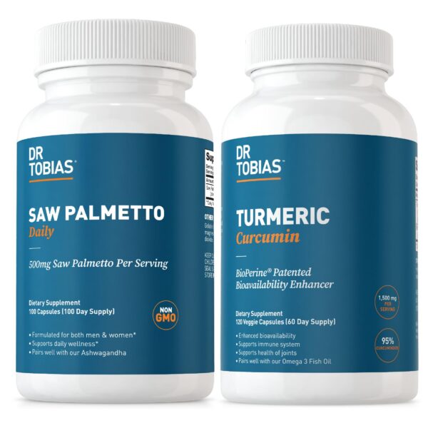 Version 1.0.0 Suplementos Dr. Tobias Saw Palmetto y Cúrcuma frascos
