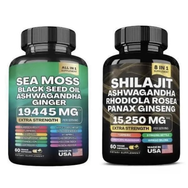 Suplementos musgo marino y shilajit botellas separadas