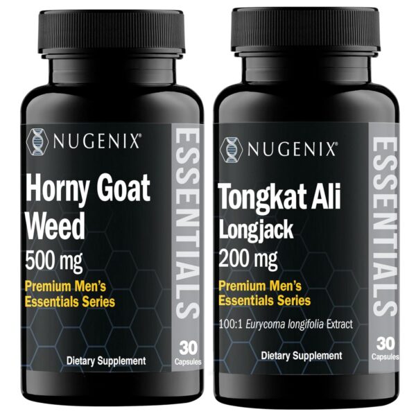 Botella de suplementos Nugenix Essentials con Horny Goat Weed