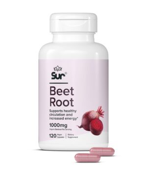 Cápsulas Sur orgánicas de raíz de remolacha frente a fondo blanco