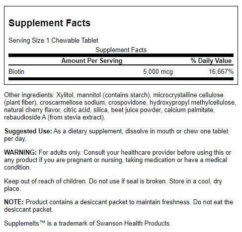 Etiqueta y frasco Swanson Biotina 5000 mcg