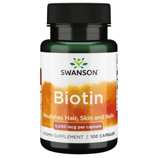 Swanson Biotina Vitamina B7 5000 mcg 100 cápsulas botella frontal