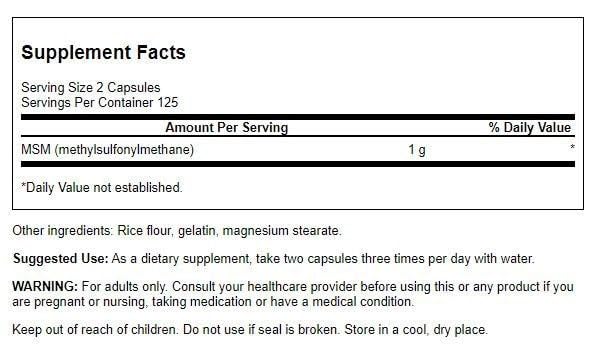 Version 1.0.0 Etiqueta y cápsulas Swanson MSM 500 mg 250 cápsulas