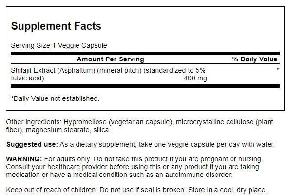 Swanson Shilajit cápsulas vegetales y etiqueta