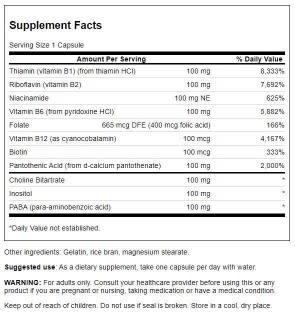 Swanson suplemento vitamina b-100 cápsulas lado lateral