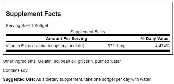 Swanson Vitamina E suplemento cardiovascular 1000 ui cápsulas