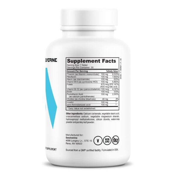 Frontal etiqueta Swolverine B-Complejo vitaminas B y nutrientes