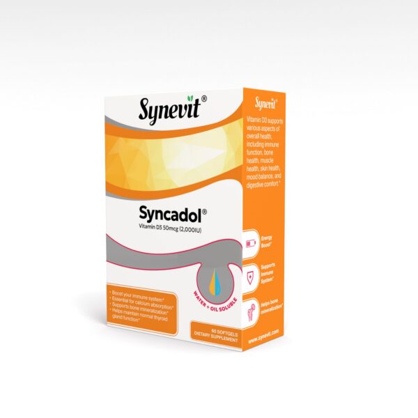 Frasco de Syncadol Vitamina D3 30 cápsulas
