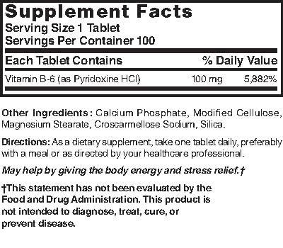 Tabla de información nutricional Vitamina B-6 Nature's Blend