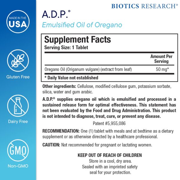 Tabla informativa Biotics Research aceite de orégano emulsionado