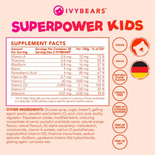 Tabla nutricional multivitaminas IvyBears Superpower para niños