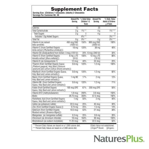 Tabla nutricional multivitamínico Natures Plus masticable para familia