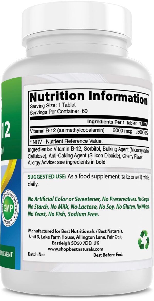 Tabletas de Best Naturals Vitamina B12 Metilcobalamina 6000 mcg