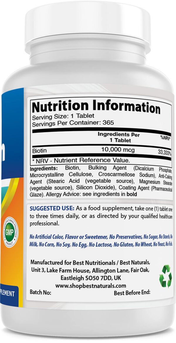 Tabletass Biotina Best Naturals 10,000 mcg para salud capilar
