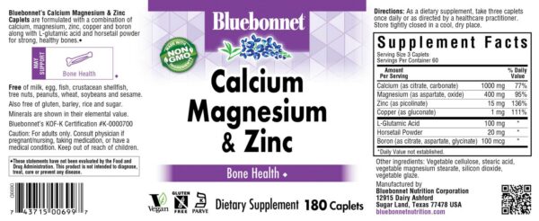 Tabletas BlueBonnet Calcio Magnesio Zinc para salud ósea