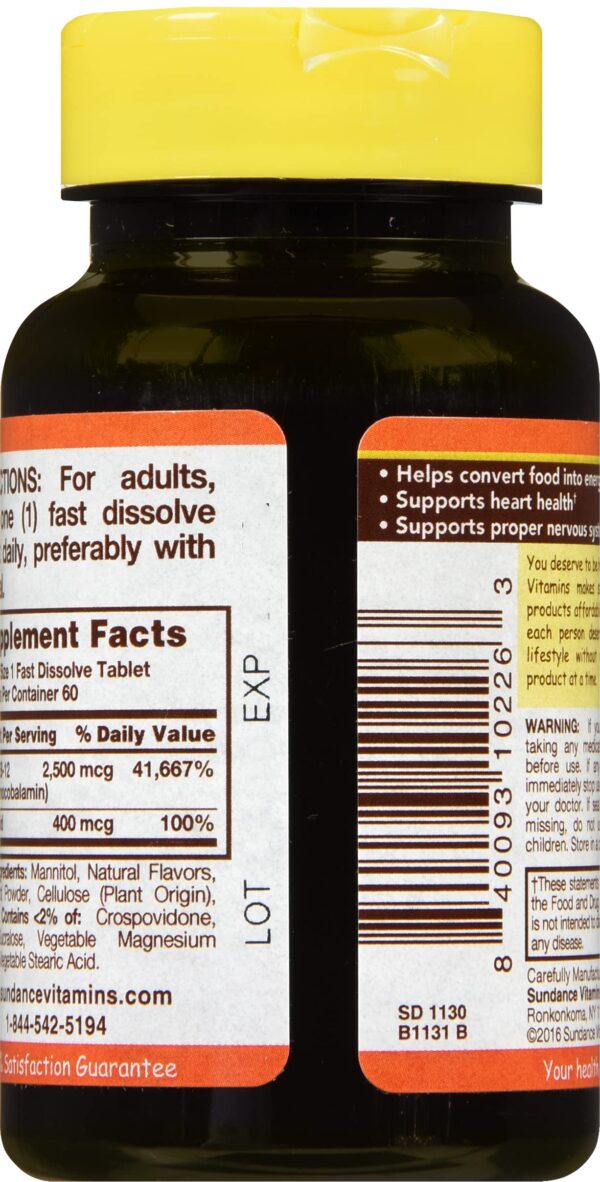 Tabletas disolución rápida Sundance B-12 2500 mcg ácido fólico
