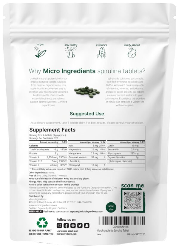 Tabletaspde espirulina orgánica Micro Ingredients 3000 mg