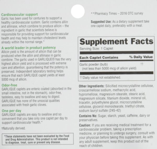 Tabletas Garlique suplemento dietético sin olor y fáciles de tragar