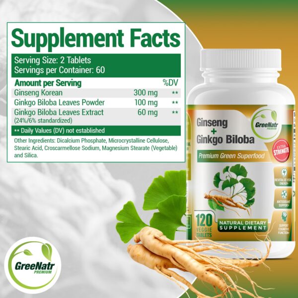 Version 1.0.0 Tabletas ginkgo biloba y ginseng rojo GreeNatr para enfoque mental