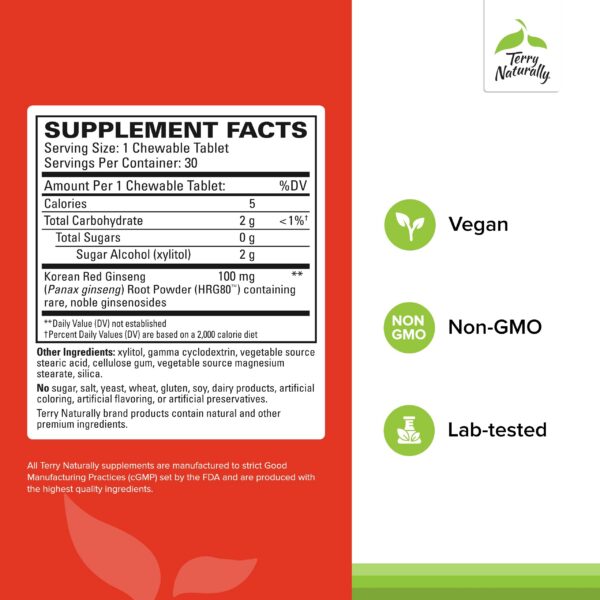 Tabletas masticables Terry Naturally Ginseng Rojo
