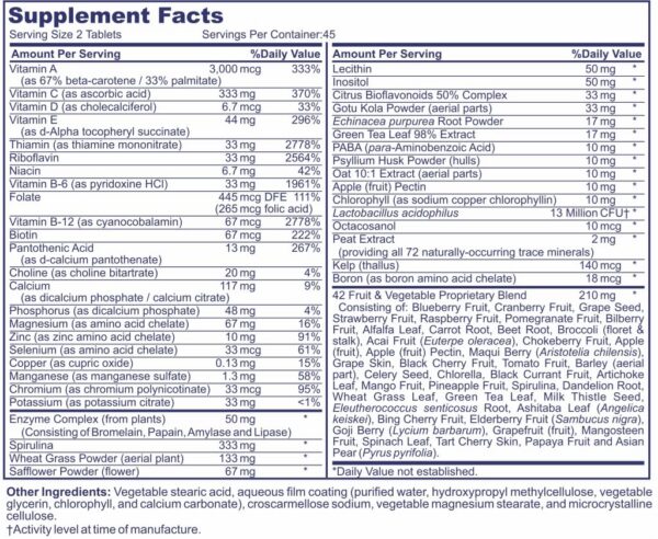 Tabletas con mezcla de 42 frutas y verduras naturales