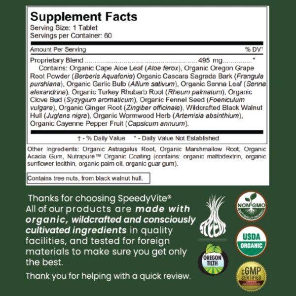 Tabletas orgánicas veganas SpeedyVite para salud digestiva