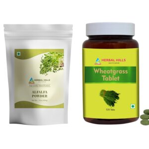 Version 1.0.0 Tabletas de polvo de alfalfa y hierba de trigo Herbal Hills paquete combo