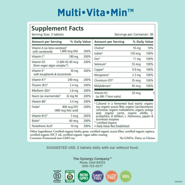 Tabletas Pure Synergy multivitamínico orgánico para hombres y mujeres